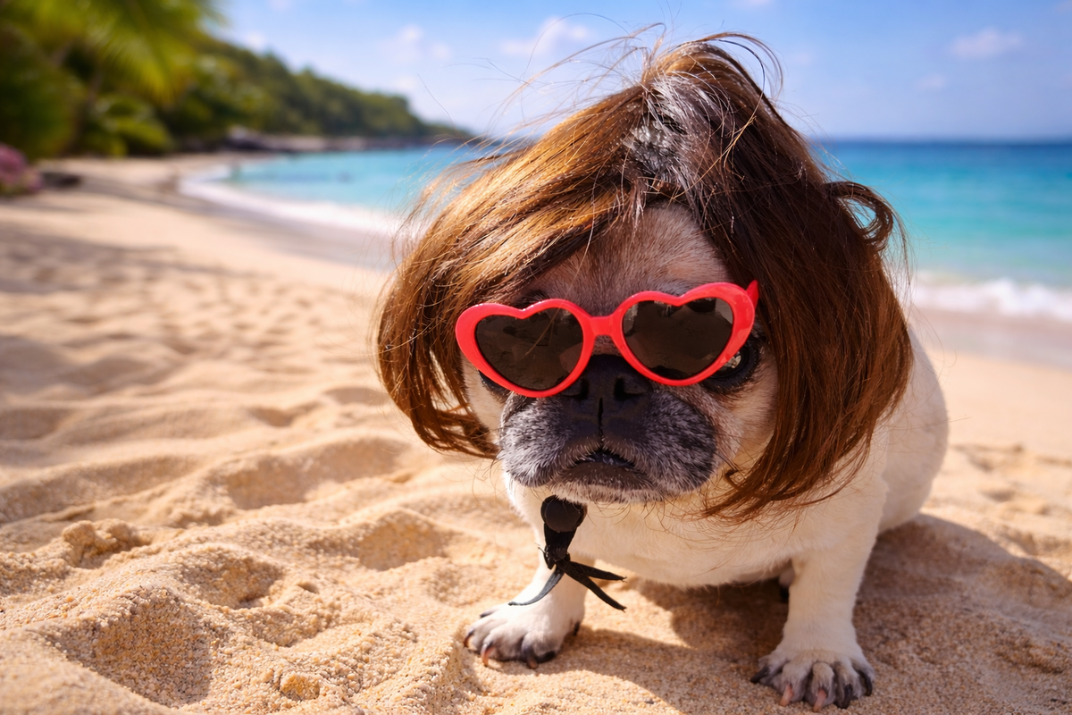 Парик для животных с чёлкой на мопсе