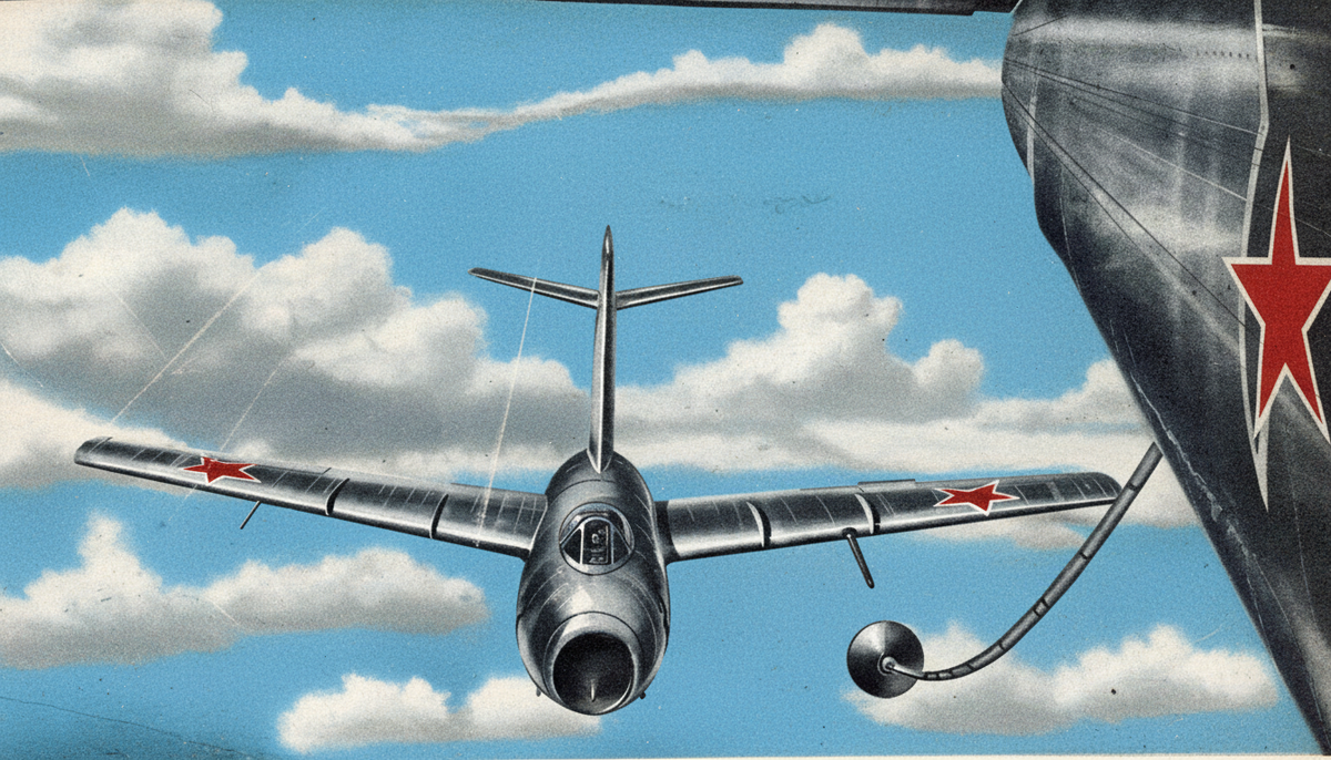 базирующиеся в Арктике реактивные истребители La-17 из состава авиации войск ПВО оснащены системой дозаправки в воздухе. Дозаправка осуществляется по методу «шланг-конус». Рисунок раскрашен сайтом lmarena.ai