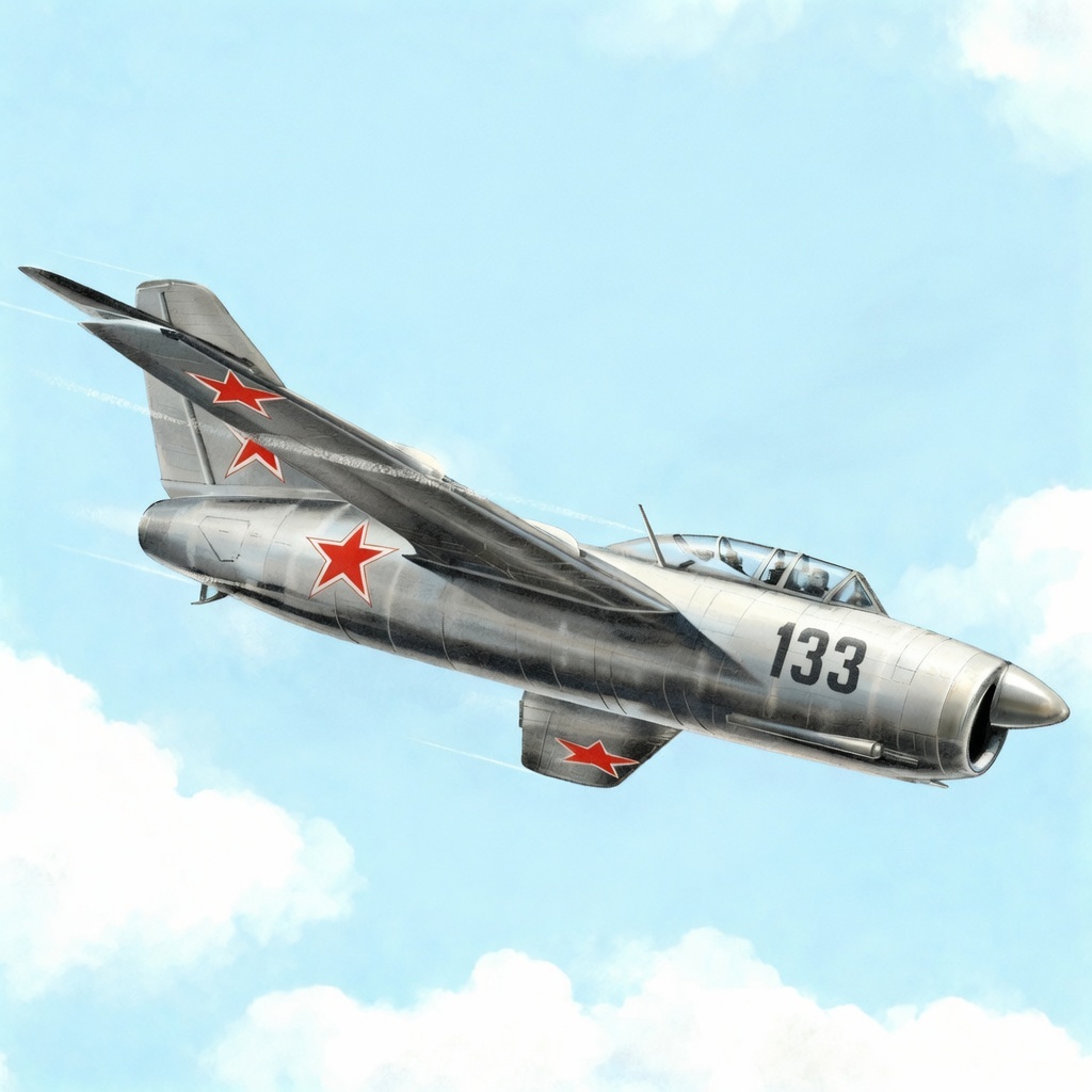 всепогодный истребитель MiG-15F, уже широко используемый советскими ВВС, представляет собой оснащенную радаром двухместную версию стандартного «МиГа». Самолет относится к той же категории, что и Lockheed F-94 ВВС США, хотя и напоминает F-86D. Несомненно, относясь к классу самолётов со скоростью более 600 миль в час (965 км/ч), MiG-15F входит в состав ВВС России, отвечающих за оборону от Запада. Рисунок раскрашен сайтом lmarena.ai