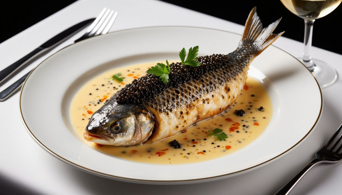 Осетр в соусе из шампанского с икрой