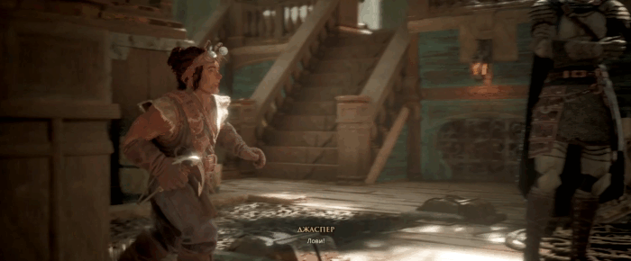 Gif картинка "Джаспер передаёт Стиксу абордажный крюк"