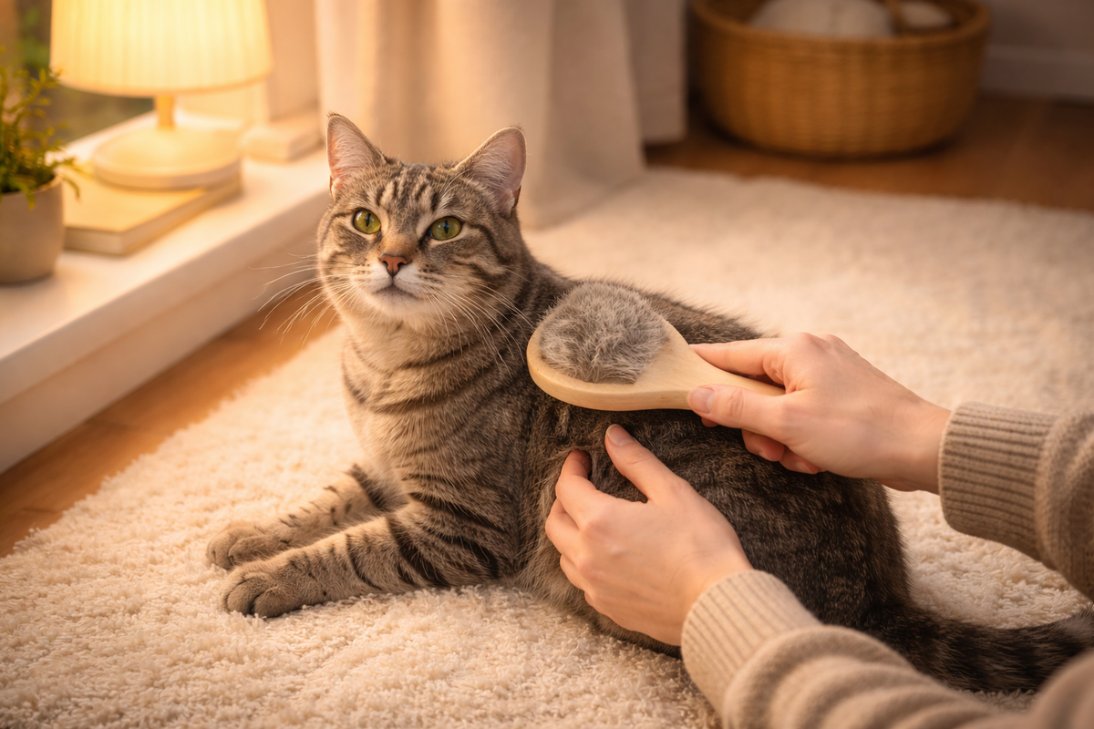 Спокойное вычёсывание на 5-10 минут снимает шерсть до того, как она окажется на одежде