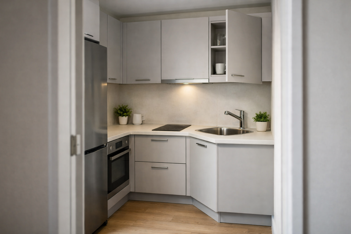 Компактная угловая кухня до 8 м² с продуманным проходом и встроенной техникой