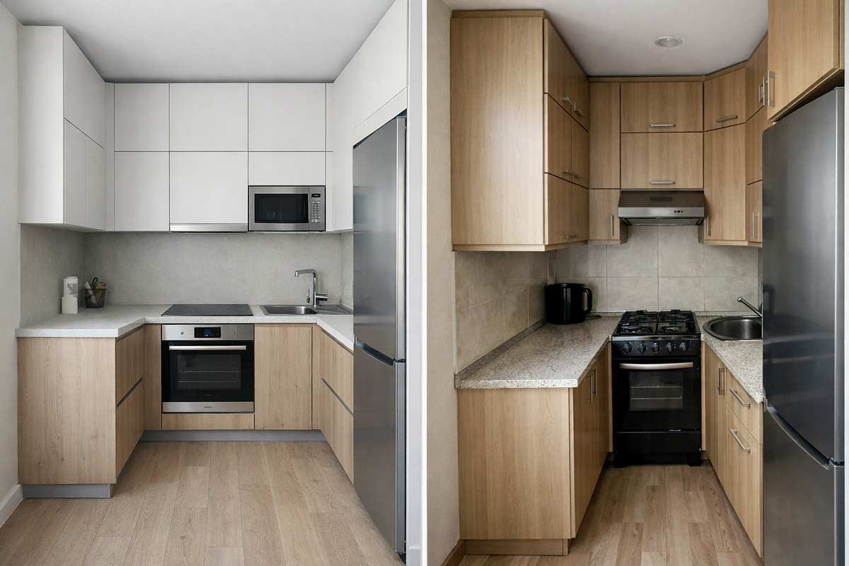 Угловая планировка эффективна при подходящей геометрии помещения и достаточной ширине прохода