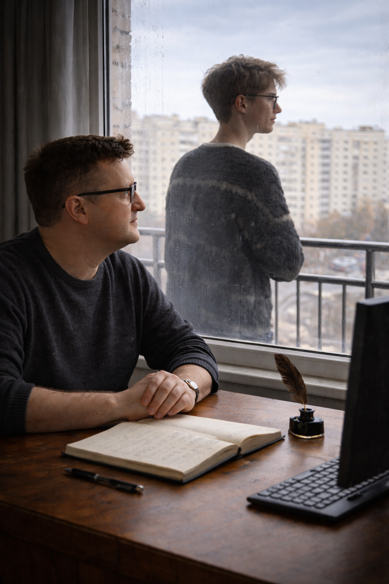 Сын однажды уходит к своему окну, а отец остаётся за своим столом — и единственное, что может соединить их через время, это честное слово. © Александер Арсланов