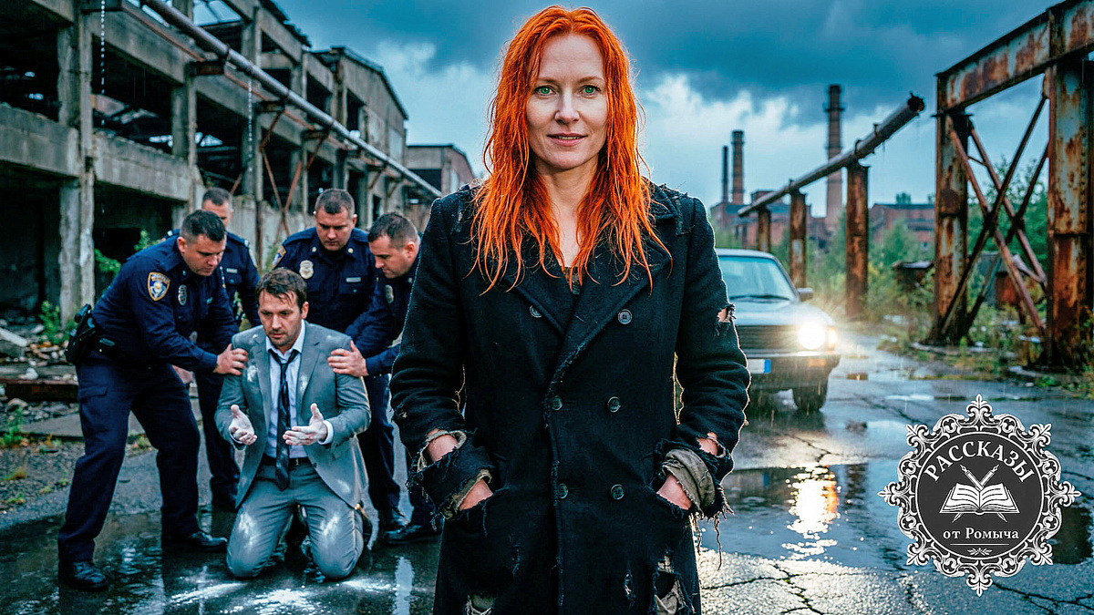 Торжествующая женщина с рыжими волосами на фоне задержания коррумпированного чиновника в промзоне