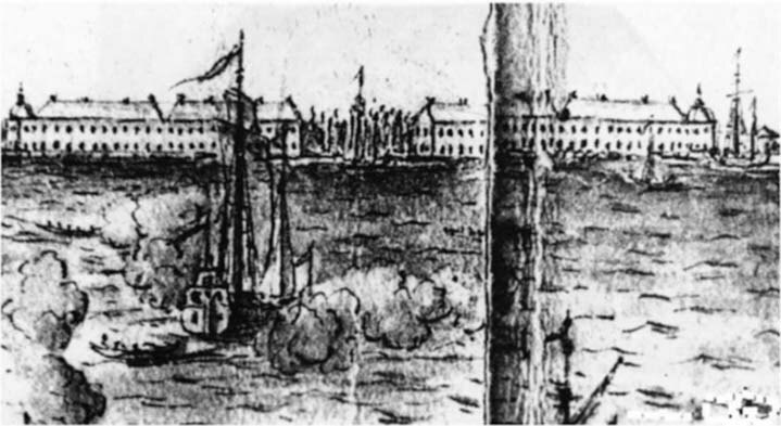Госпиталь на Выборгской стороне. Фрагмент рисунка Х. Марселиуса «Панорама Невы. Вид со стороны моря». Конец 1720-х гг. Библиотека Академии наук