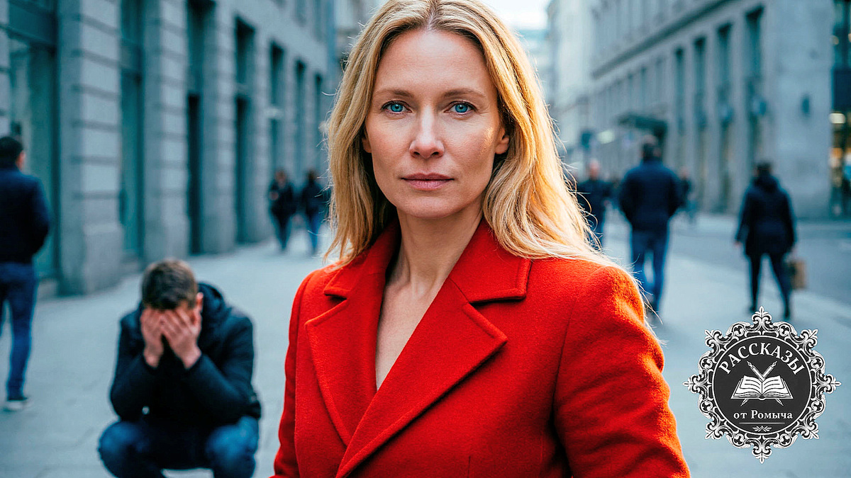 Уверенная женщина-блондинка в ярко-красном пальто с решительным взглядом на фоне драматической городской сцены задержания