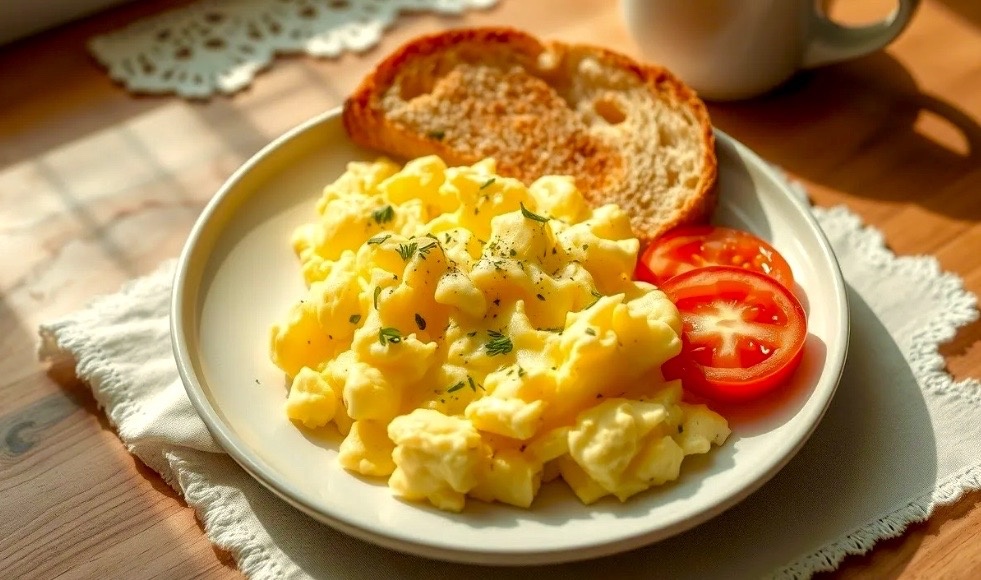 Яичница болтунья с творогом и зеленью.