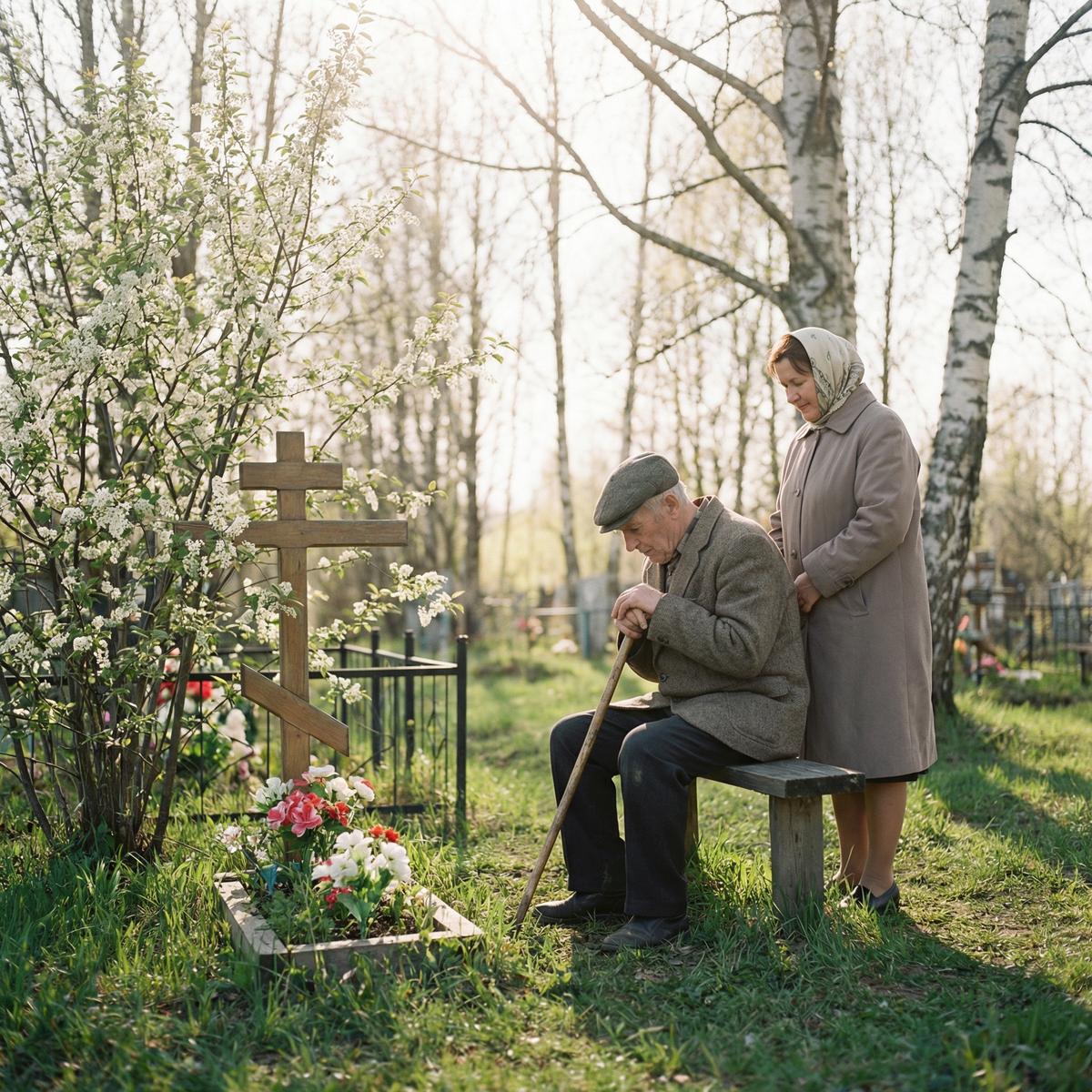...У аккуратного надгробия, кто-то сидел, опустив голову...