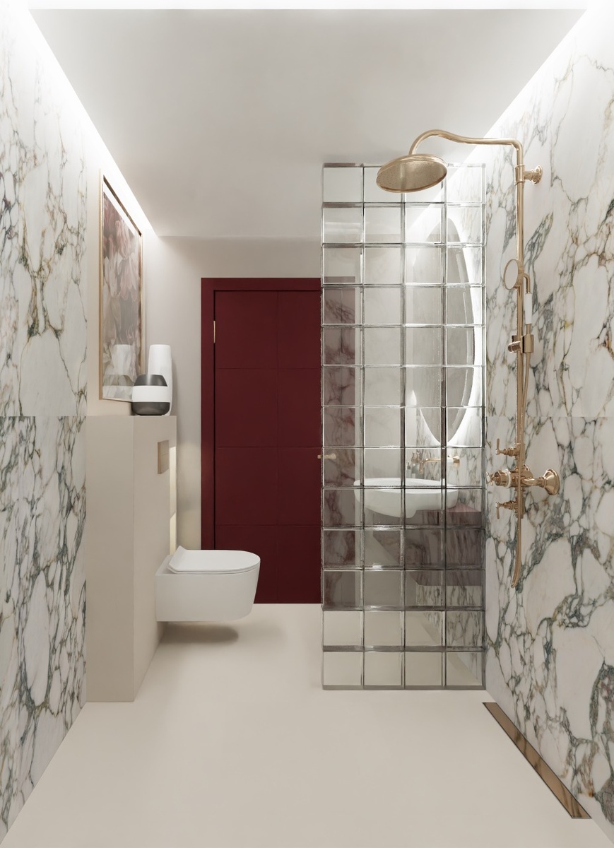 Стеклоблоки в дизайне ванной комнаты с плиткой под мрамор