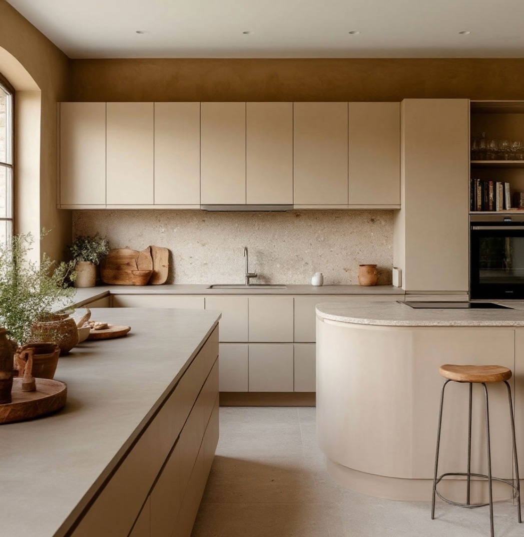 Кухня в песочных тонах, фартук - керамогранит, стиль - минимализм