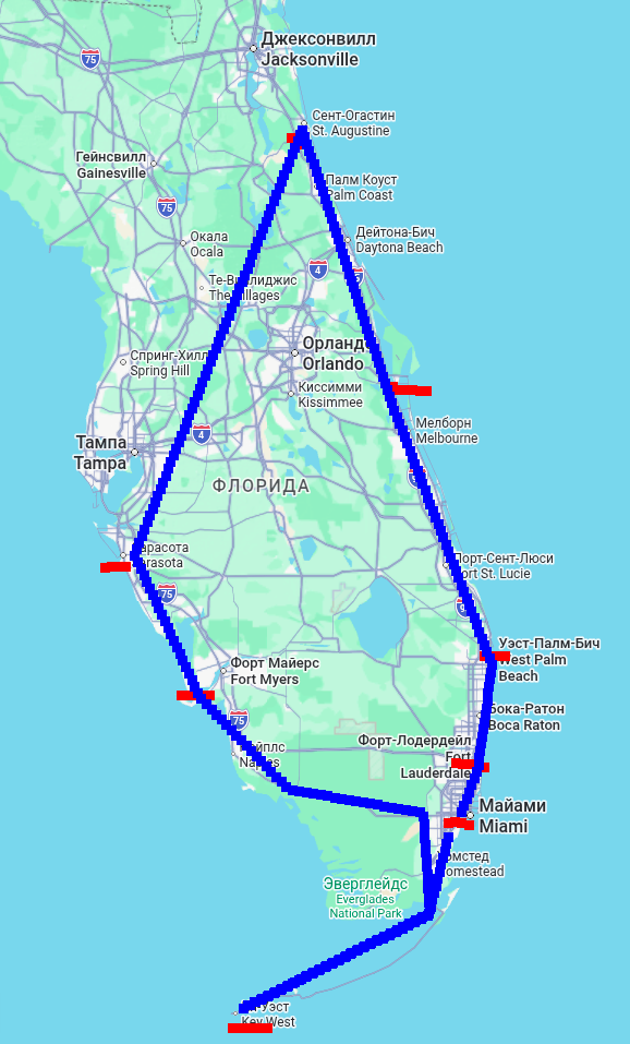 Маршрут путешествия на карте Гугл