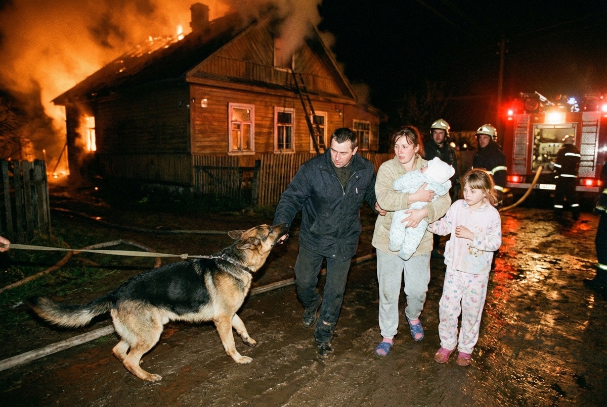 немецкая овчарка рядом с семьёй — собака, спасшая людей