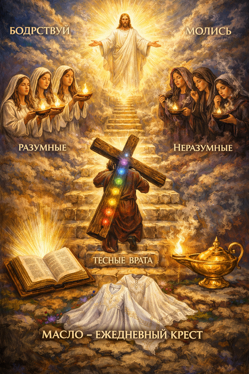 Картина выполнена в традиционном цифровом стиле с яркой, богодухновенной палитрой, сочетающей золотые, пурпурные, синие и белые оттенки. Она визуализирует духовный путь человека как ежедневный крест, полностью соответствуя концепции статьи.

Центральная фигура
В центре изображён человек, поднимающийся по каменным ступеням вверх, неся на спине крест. На кресте видны семь чакр, символизирующих энергетические центры — от Муладхары до Сахасрары. Каждая чакра светится своей энергетической окраской, показывая поток энергии, направленный строго вверх через Тесные Врата. Этот крест — ежедневный труд и энергия духа, «масло» для светильника, обеспечивающее постоянное бодрствование и готовность к Жизни Вечной.

Тесные Врата
Ступени ведут к яркому свету на горизонте, символизирующему Грядущее на Облаках. Путь узкий и высокий, подчёркивая строгость и непрерывность подъёма духа. Надпись «ТЕСНЫЕ ВРАТА» акцентирует, что движение вверх требует постоянного усилия и внимания.

Разумные и неразумные девы
Слева изображены три девы с горящими светильниками — разумные девы, подготовленные к приходу Хозяина, символизирующие тех, кто ежедневно несёт крест, бодрствует и поддерживает светильник маслом.
Справа — три девы с погасшими светильниками — неразумные девы, не имеющие масла (ежедневного креста), демонстрирующие тех, кто не готов к Жизни Вечной и не поднимает дух в каждое мгновение.
Надписи «РАЗУМНЫЕ» и «НЕРАЗУМНЫЕ» чётко различают их состояние и готовность к духовному пути.

Иисус и свет
В верхней части картины стоит сияющий Иисус, приветствующий тех, кто прошёл путь через Тесные Врата. Его свет — символ Духа, Истины и конечной цели духовного восхождения. Надписи «БОДРСТВУЙ» и «МОЛИСЬ» подчеркивают призыв к непрерывному бодрствованию и духовной концентрации.

Символы креста и масла
На переднем плане 