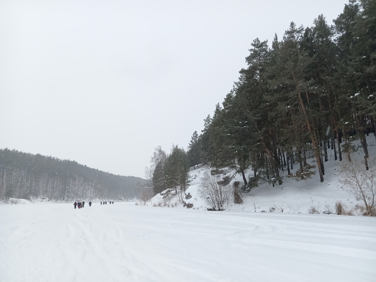 Группа занимается финской ходьбой. 