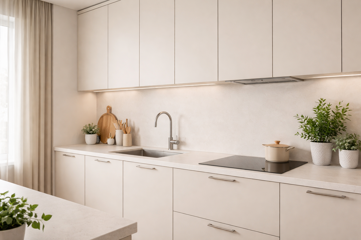 Современная кухня в светлых тонах с мойкой из искусственного камня в зоне рабочей поверхности