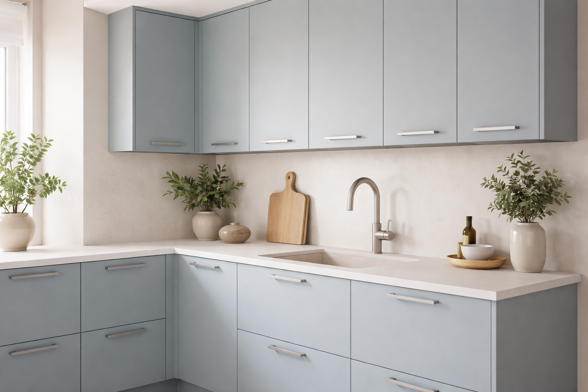 Светлая кухня в минималистичном стиле с мойкой из искусственного камня