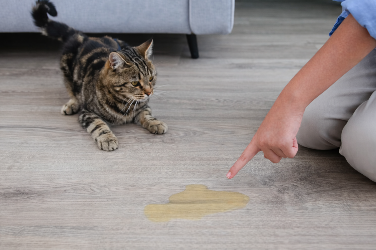 Женщина ругает кота за лужу