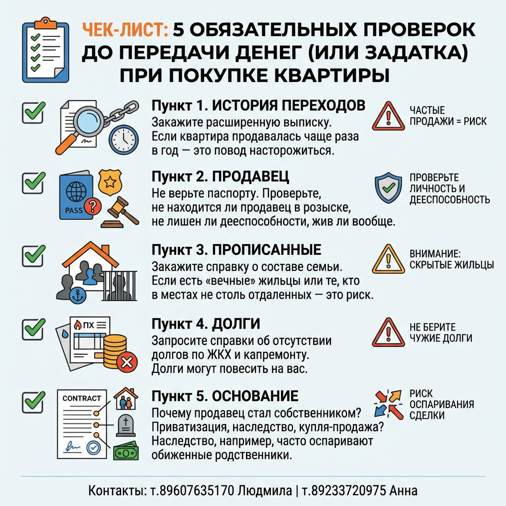 Чек-лист пять обязательных проверок при покупке жилья ЛО передачи денег.