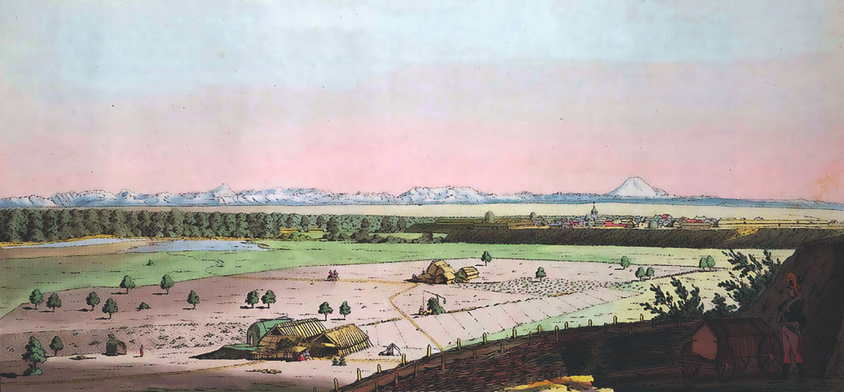 Крепость Георгиевск на фоне сверкающего снегом Эльбруса. 1793-1794 гг. Худ. К. Г. Гейслер.