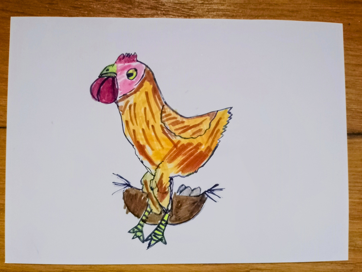 "Храбрая курица", рисунок Лидии. Картон, линер, цветные фломастеры.