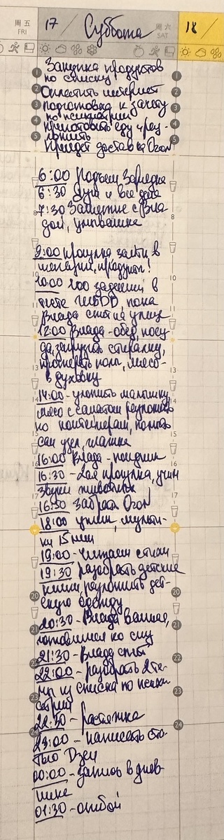 Мой почасовой план на день. Сверху - основные задачи. 