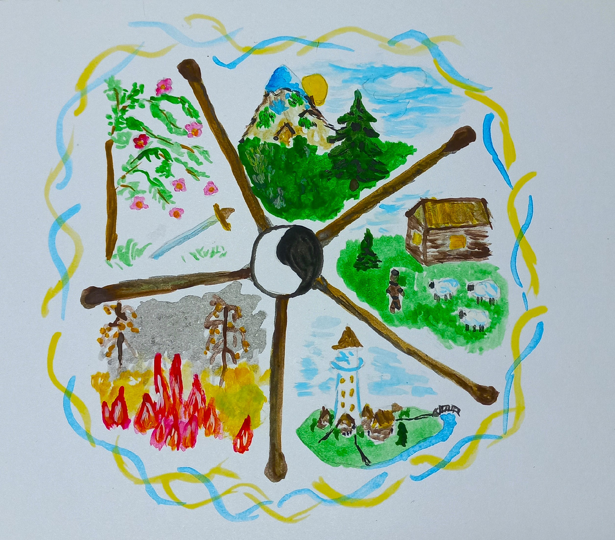 Колесо вращается и сменяются эпохи. Хотела избразить основные эпизоды, но людей рисовть я пока не умею, поэтому без них.