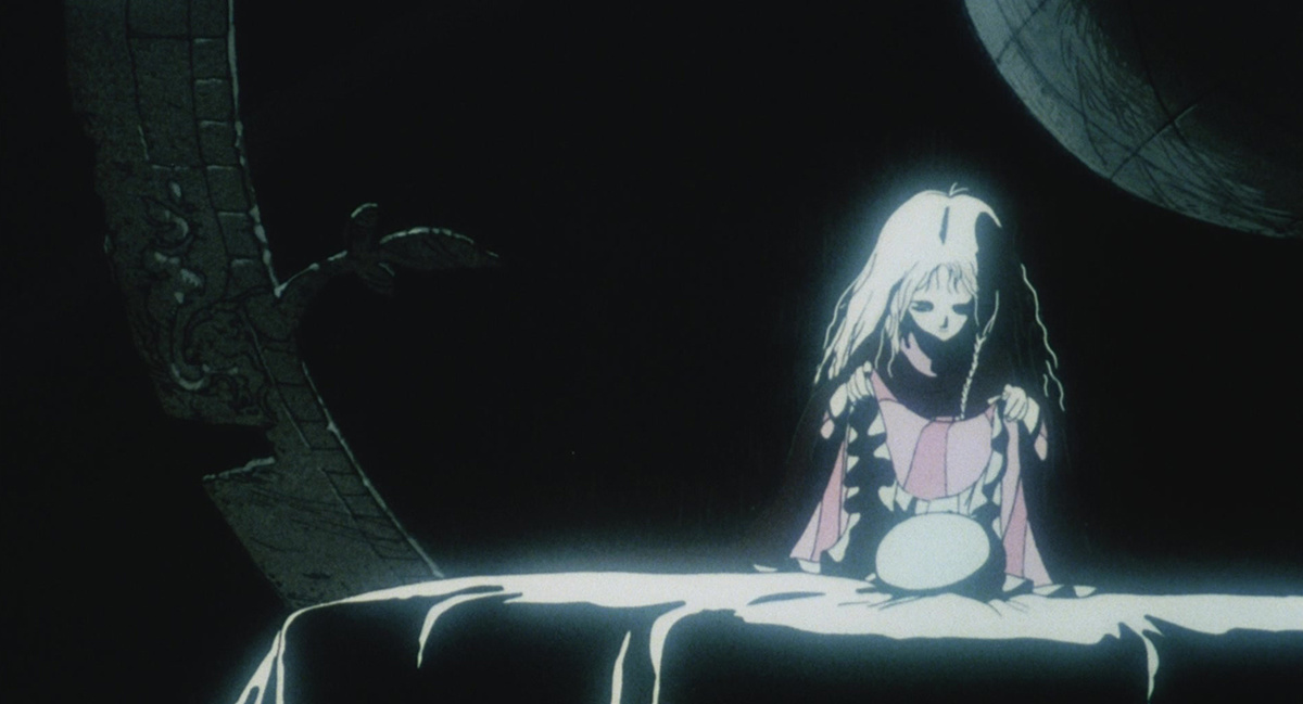 Девочка с яйцом в пустом, почти монохромном мире. Кадр из аниме «Яйцо ангела» / Angel’s Egg (1985). © Mamoru Oshii / Yoshitaka Amano / Studio Deen