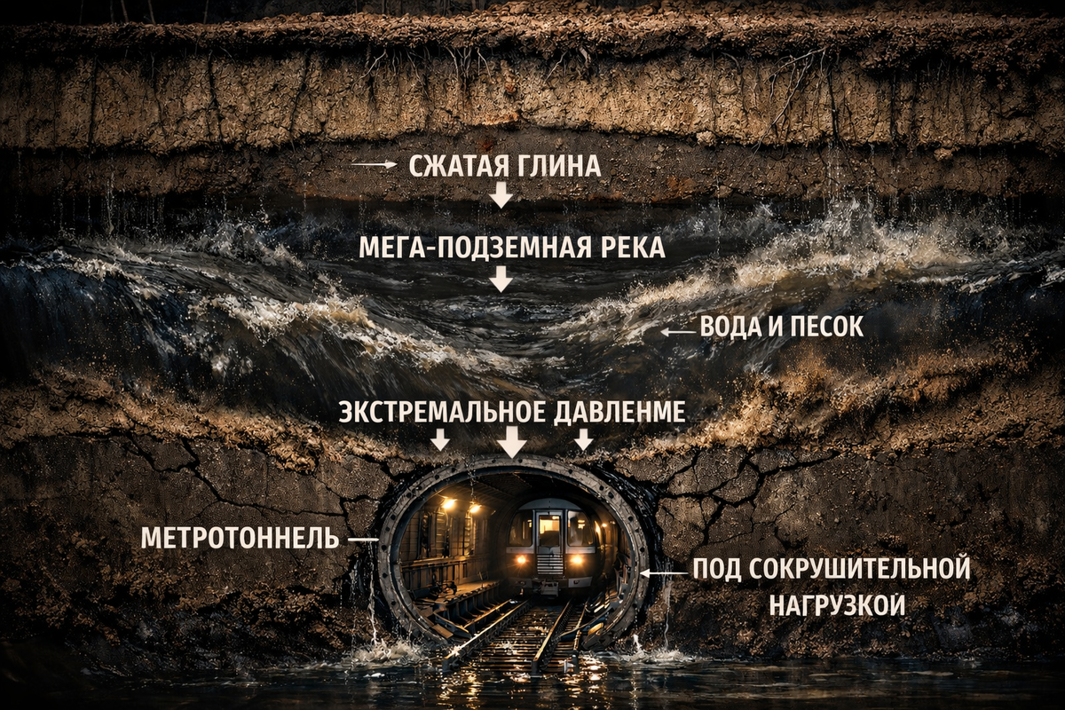 Схема давления плывуна и палео-Невы на тоннель метрополитена