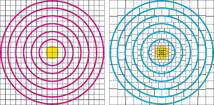 Справа. Плоскость в Евклидовой геометрии. Расстояния можно вычислить по углам. Или линейкой с одинаковым делением если перед вами карта в масштабе.
Слева: Плоскость в геометрии Валерия Лаптева. Гравитационное тело масштабирует пространство. При приближении к гравитационному телу пространство сжимается, при удалении увеличивается.
И если принять масштабируемость, то гравитационное тело его с орбиты видится меньше, чем оно есть на самом деле. То есть, вычислить его размер через углы Евклидовой геометрии уже не получается.