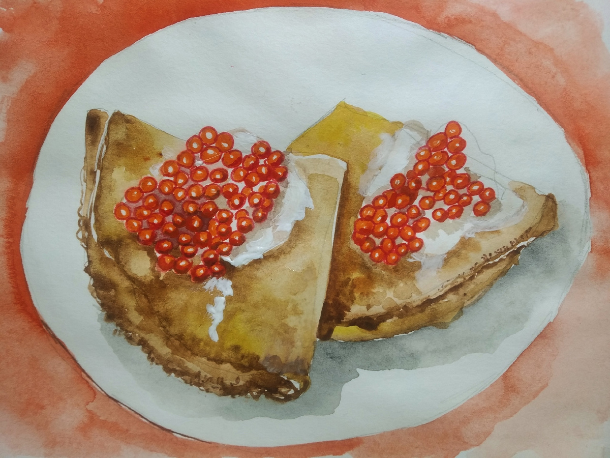 Акварельный скетч "Блины с красной икрой"