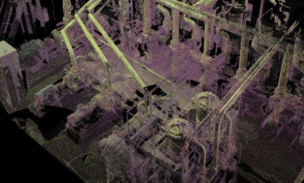 Рис. 1 – Участок маслохозяйства машинного зала энергоблока АЭС (1) и результаты его лазерного сканирования (2).