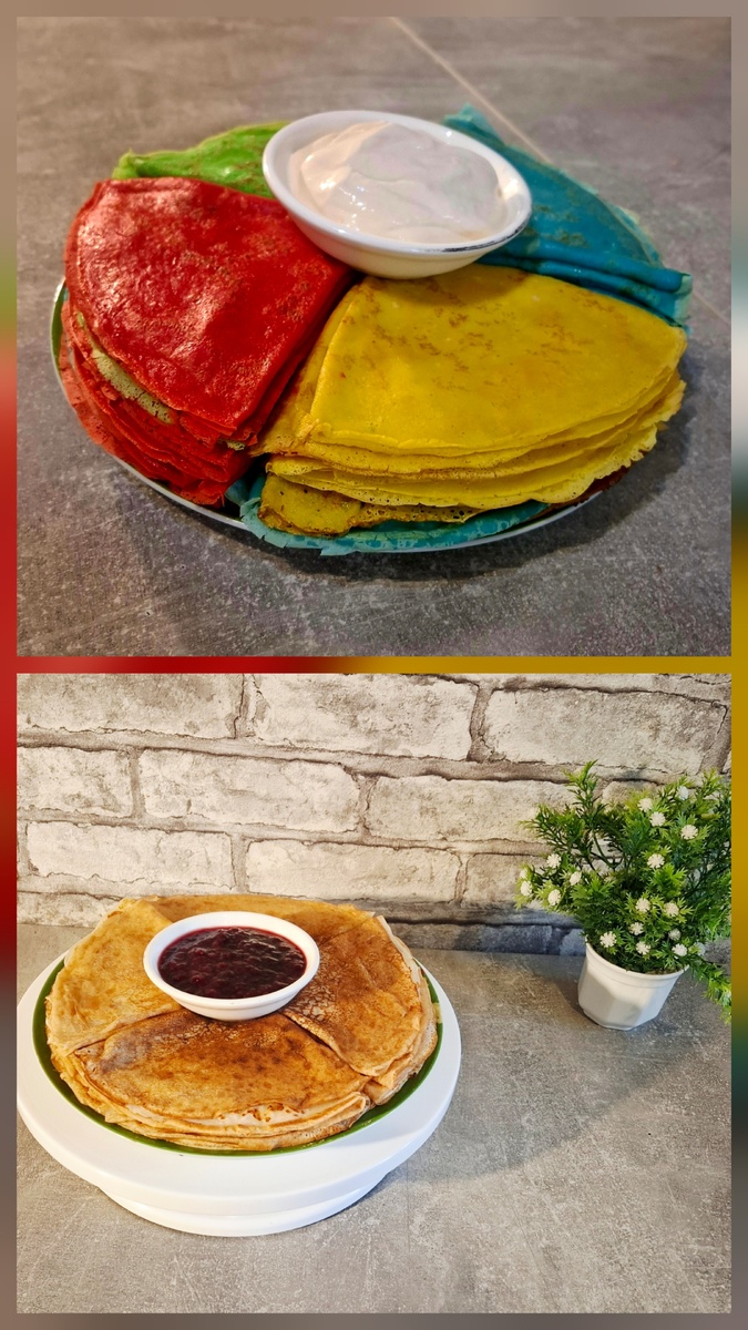 Масленичные эксперименты.  Видела ещё в инете, как из цветного теста делают радужный блин, получается классно, но я поленилась:)