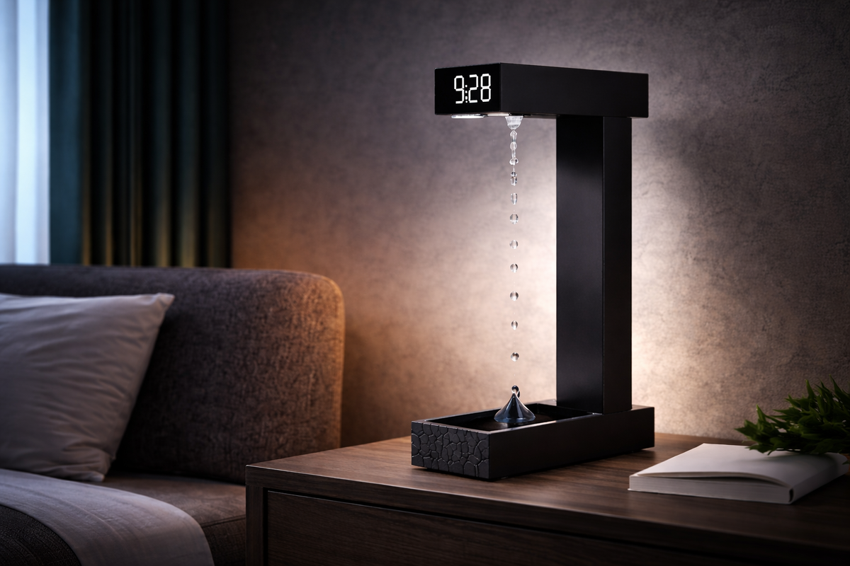 Настольная лампа с иллюзией зависающих капель воды и встроенным LED-дисплеем времени.