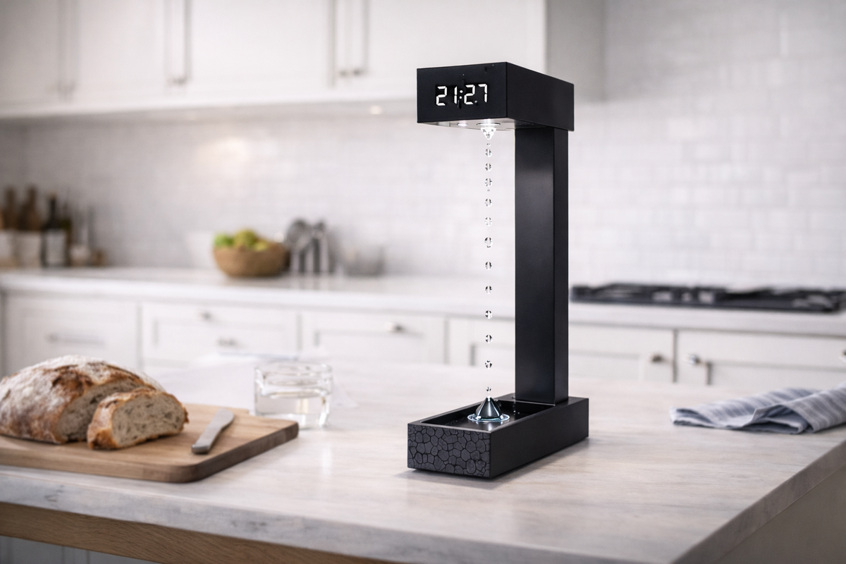 Антигравитационная лампа с эффектом зависающих капель в современном светлом интерьере кухни.