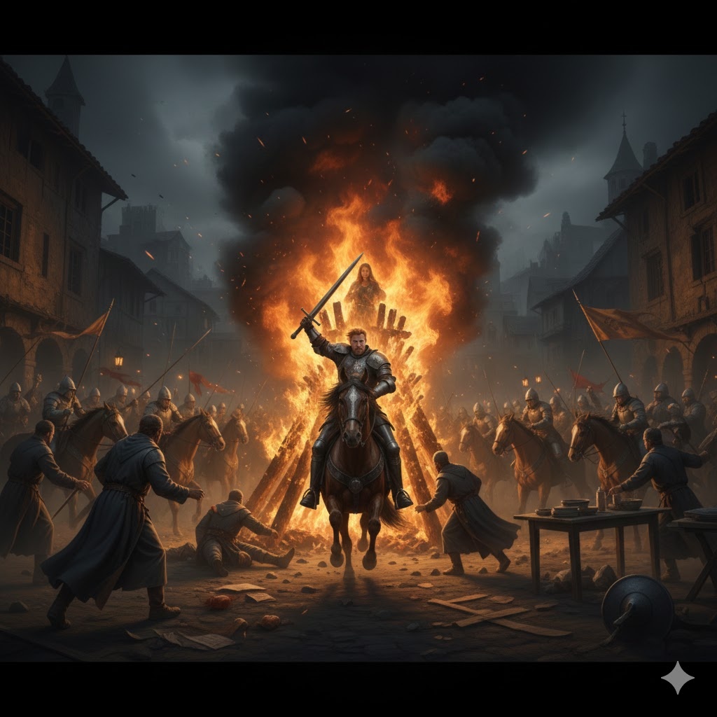 "Сердце бури: Хелмар на огненном рубеже", иллюстрация создана сетью Джемини