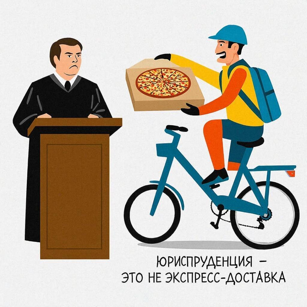 Срочная юридическая помощь в Москве миф — курьер пытается вручить пиццу судье в мантии, иллюстрация быстрой юриспруденции