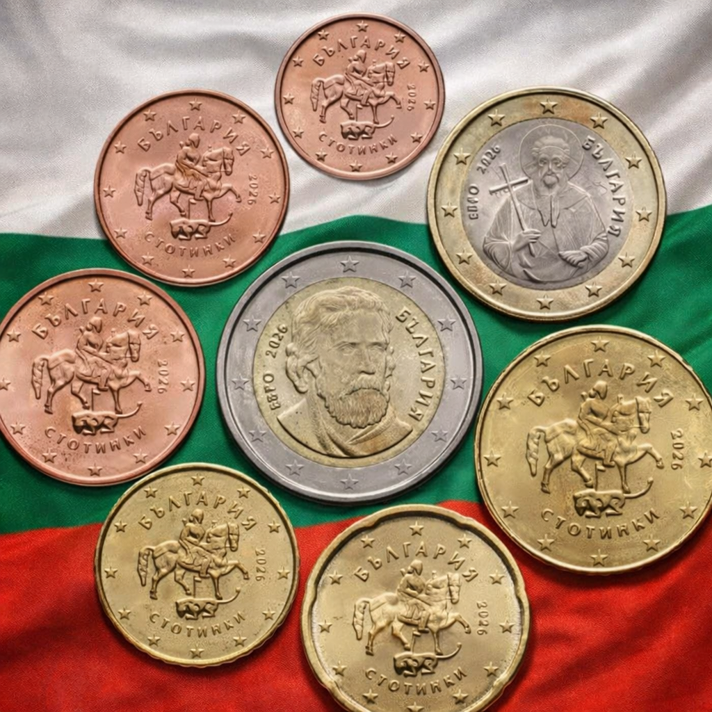 Первые Евро-Монеты Болгарии 2026-го, на фоне флага республики 