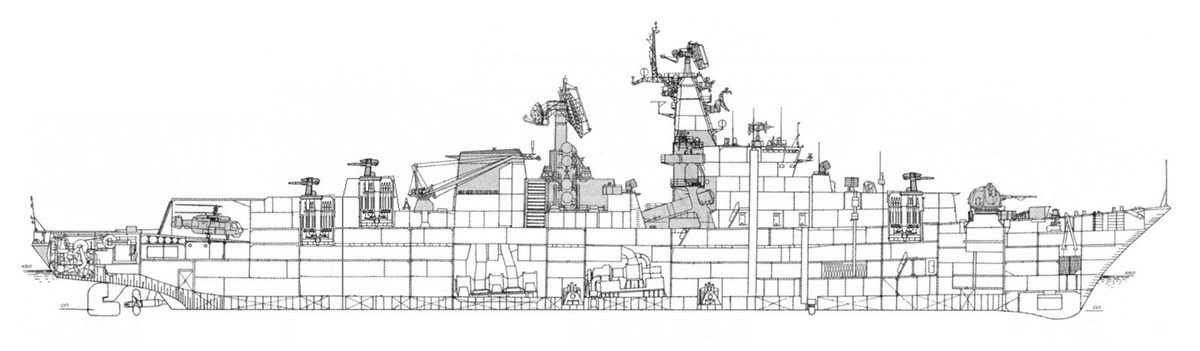 Вариант ракетного крейсера проекта 1164 с тремя ПУ ЗРК «Ураган»