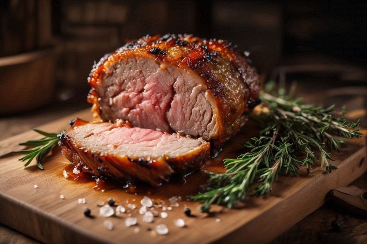 Сочный кусок запечённого мяса на разделочной доске, румяная корочка