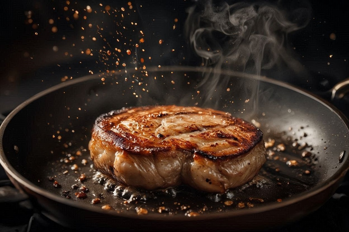 усок мяса на сухой раскалённой сковороде, интенсивное шипение, золотистая корочка — правильная обжарка