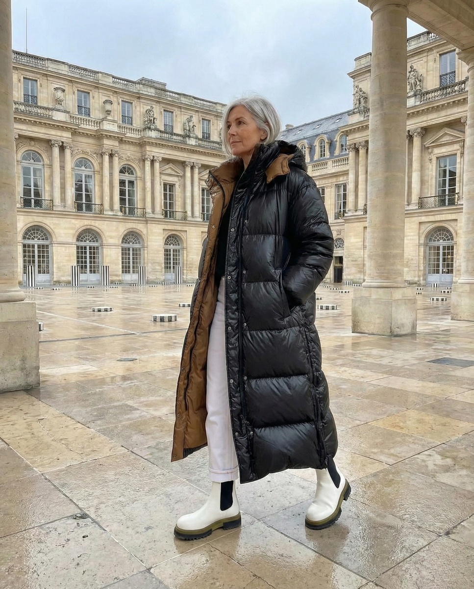 В длинном черном блестящем пуховике с бежевой подкладкой и белых укороченных брюках на фоне дворца Пале-Рояль в Париже — современная городская мода
