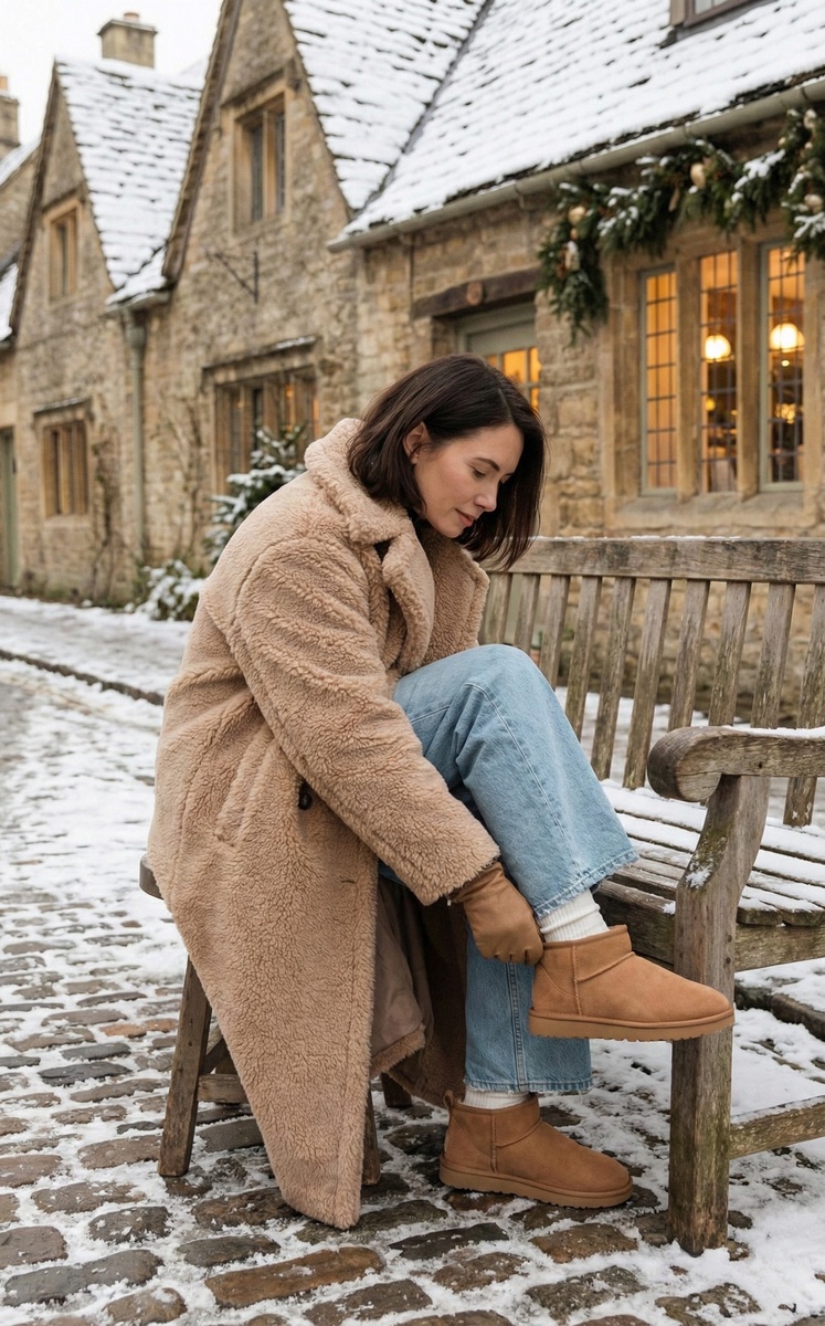 Расслабленный зимний street style: длинное пушистое пальто из искусственной овчины цвета taupe, светло-голубые джинсы с широкими штанинами и потертыми краями, классические ботинки Ugg Mini