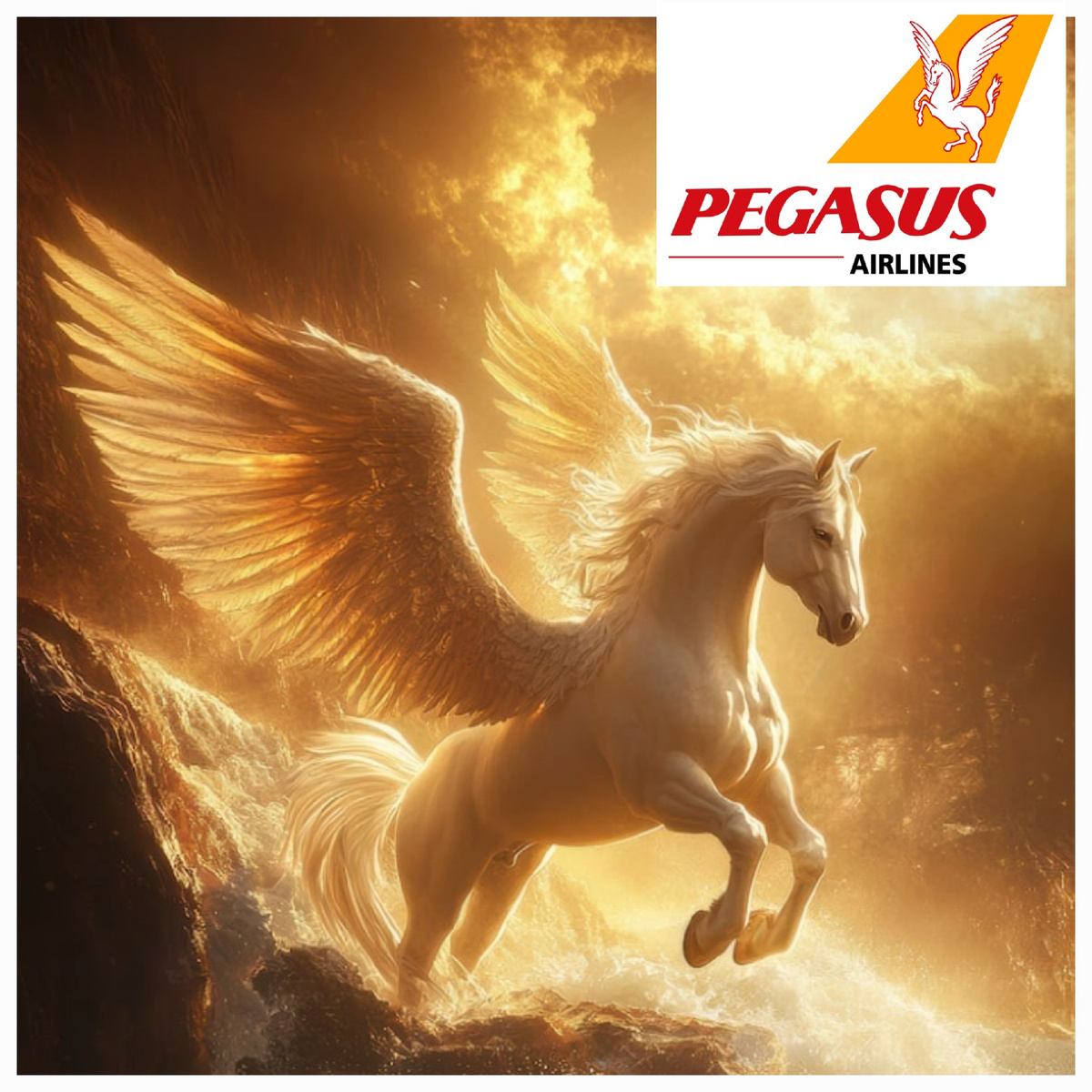 Современное живописное изображение крылатого коня и логотип рассматриваемой авиакомпании (в правом верхнем углу коллажа). На логотипе тот самый Пегас. Коллаж - мой, изображения - из интернета (свободный доступ).