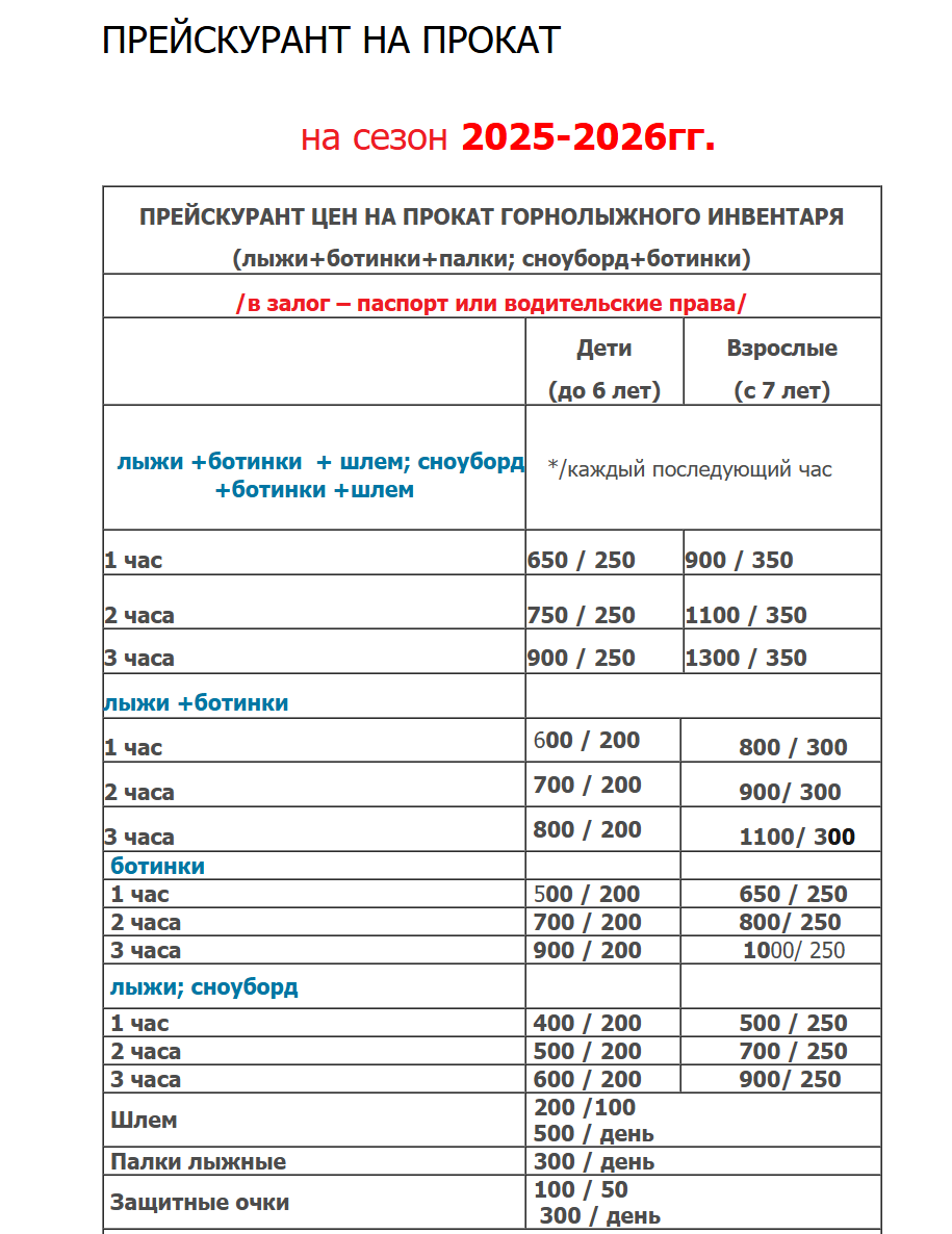 Стоимость проката оборудования на ГЛК "Снеговик"