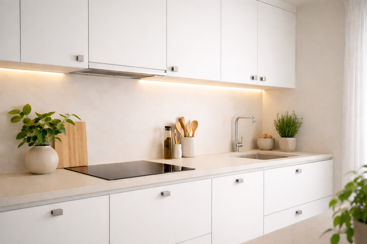 Компактная светлая кухня с встроенной вытяжкой 50 см в минималистичном стиле
