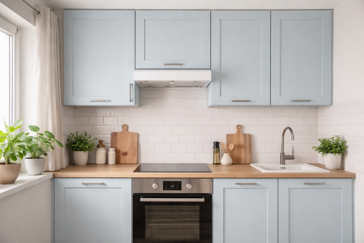 Голубая кухня со встроенной вытяжкой 50 см в скандинавском стиле