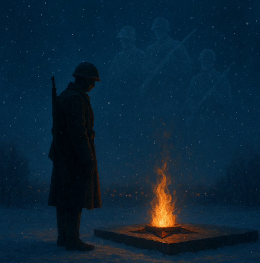 В феврале, когда метель засыпает дороги и стынет ночная тишина, в календаре загорается дата, за которой — чья-то кровь, чья-то клятва и чьё-то «последнее ура».
Эта поэма — не про парады, формальные поздравления и шуточки про «восьмое марта наоборот».
Она — о тех, кто снял полушубок и стал щитом; о тех, кто молчал о сорок первом; о тех, кто сейчас идёт по ночной дороге, просто делая свою работу.

От стылой Нарвы до Пскова, от Рейхстага до гор девяностых, от безымянных окопов до сегодняшних гарнизонов — сквозь строки проходит одна мысль:
мы все — наследники одной пехоты.
Той, что всегда вставала, когда звала труба, и ради одного имени — Родина, Русь, Россия.

Это стихотворение задаёт неудобный, честный вопрос:
«А ты бы встал… когда ударит в кость?»
Пока внутри есть ответ, пока горит вечный огонь и хотя бы одна женщина шепчет сыну «ты мой защитник», этот день будет жить не в открытках, а в сердцах.