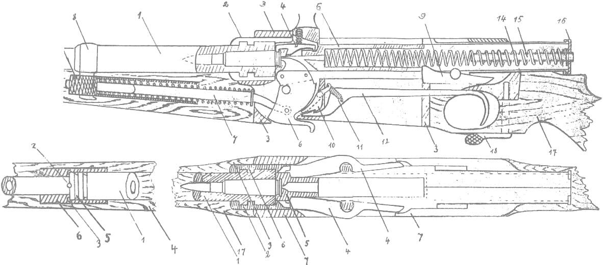 Самозарядная винтовка неизвестной компании (рисунок из патента). Обратите внимание на взвод курка (под цифрой 6.